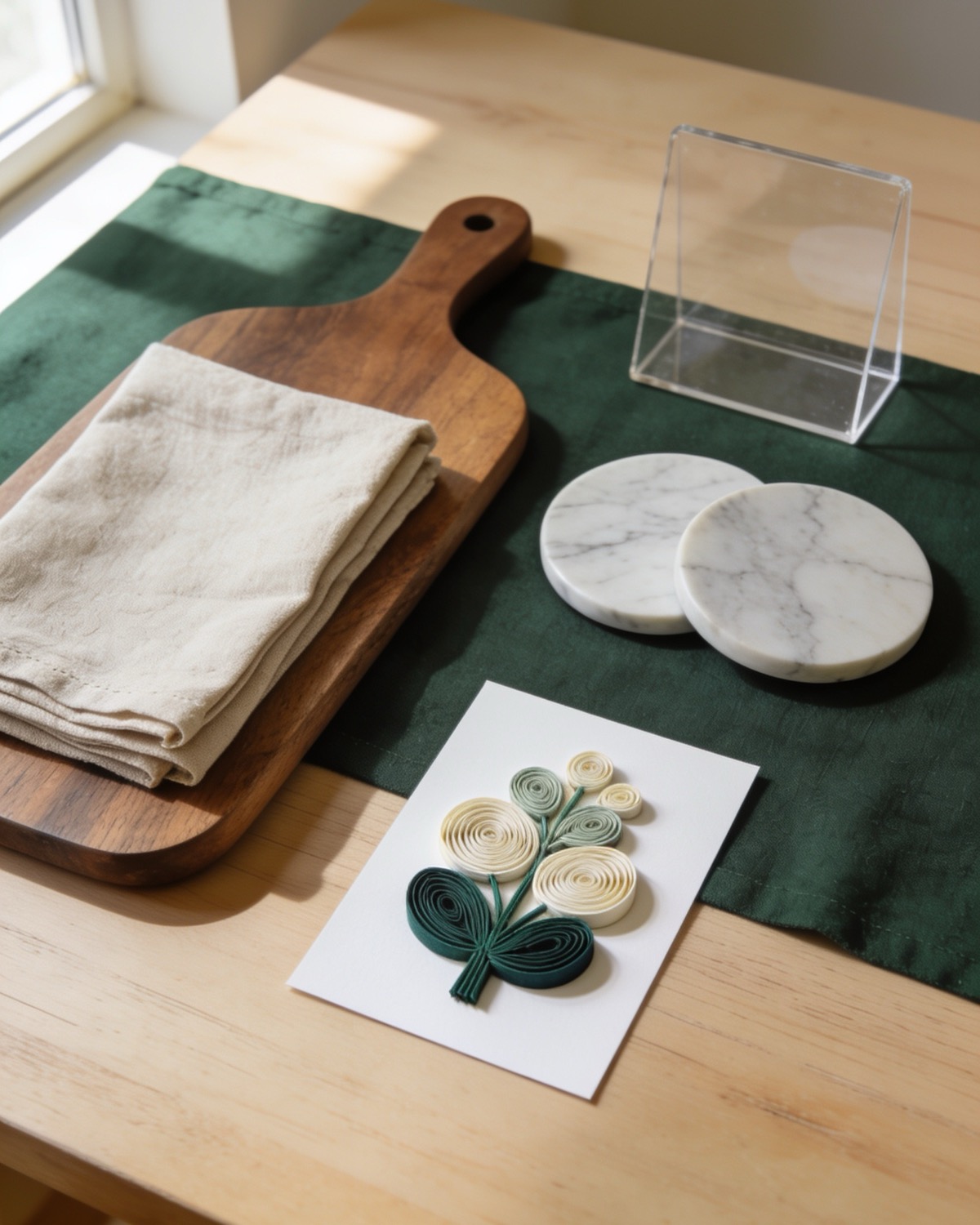 Handmade home goods arranged on a wooden table